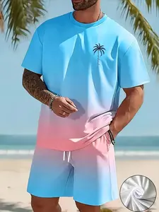Men's 3D coconut tree gradient print casual fashion set, a two-piece set including a summer sporty crew neck short-sleeved top and shorts, suitable for outdoor street wear.