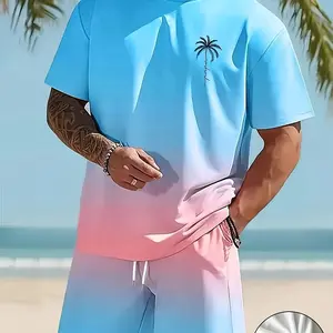 Men's 3D coconut tree gradient print casual fashion set, two-piece set, including summer sports round neck short sleeved top and shorts, suitable for outdoor street wear.
