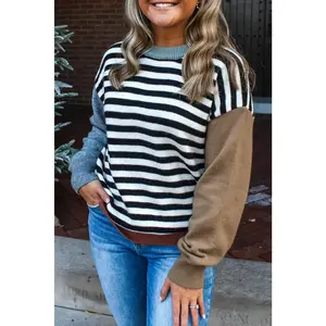 Black Striped Colorblock Patchwork Long Sleeve Sweater