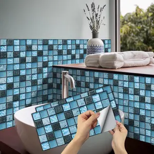 6/12/24/48 PCS Vintage FG Tile Stickers, Light Blue & Black Checkered Mosaic, PVC Crystal Film, Peel & Stick Backsplash, Waterproof Oil-Proof DIY Self-Adhesive Wall Decor
