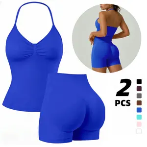 Women's 2-Piece Sports Fitness Set - Halter Backless Bra, Peachy Butt Tummy Control Shorts, Lightweight Compression Sportswear for Gym Workouts, Yoga