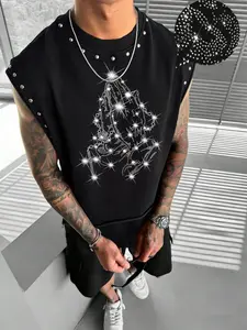 Men's Summer Tank Top, Sleeveless Wide Shoulder Stud Design, Cross Praying Rhinestone, Graphic, Fitness Streetwear, Casual Long Fitted Tee