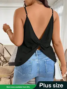 【Plus Size】 Solid Backless Halter Neck Knit Top, Casual Adjustable Cami Top for Daily Wear, Women's Plus Clothing for Summer