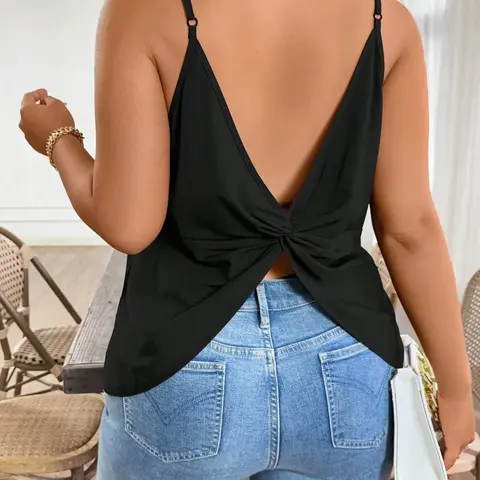 【Plus Size】 Basic Solid Backless Cut Out Halter Neck Knit Top, Casual Adjustable Straps Fitted Cami Top for Daily Wear, Women's Plus Clothing for Summer