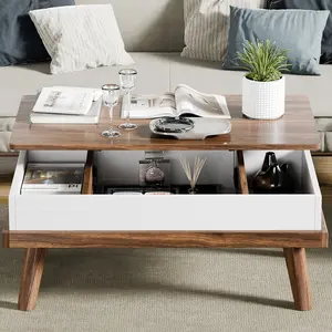 Walsunny Lift Top Coffee Table, Multi-Functional Table with Hidden Storage, Rising Tabletop Dining Table for Home Office, Living Room, Walnut