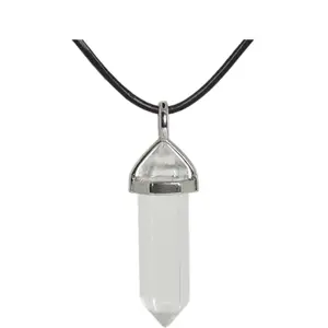 Natural Gemstone Hexagonal Pointed Reiki Chakra Pendant Genuine Leather Necklace 18" Stone 32mm Length 316L Stainless Steel Connector Clasp Perfect Gift for Special Festivals