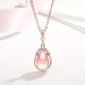 Pink Rose Quartz Pendant Necklace Simple Drop-Shaped Pink Pendant with O-Shaped Chain Clavicle Chain