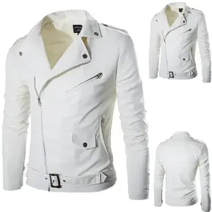 Slim Fit White Leather Jacket For Men Casual Leather Winter Jacket Fashion Men'S Sleeve Tops Long Heated Coat