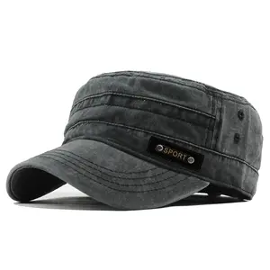 Unisex Washed Cotton Casual Flat Top Hat - Adjustable Size, All Seasons Wear, Unique Shape, Vintage Appeal, Military Cadet Army Style, Christmas Gift