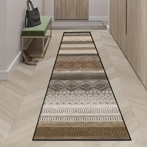 1pc Bohemian Persian Style Runner Mat - Geometric Beige, Brown & Black Pattern, Machine Washable Polyester, Perfect for Hallway, Stairs, Bedroom, Entryway, Kitchen - Home Decor, Rugs for Living Room