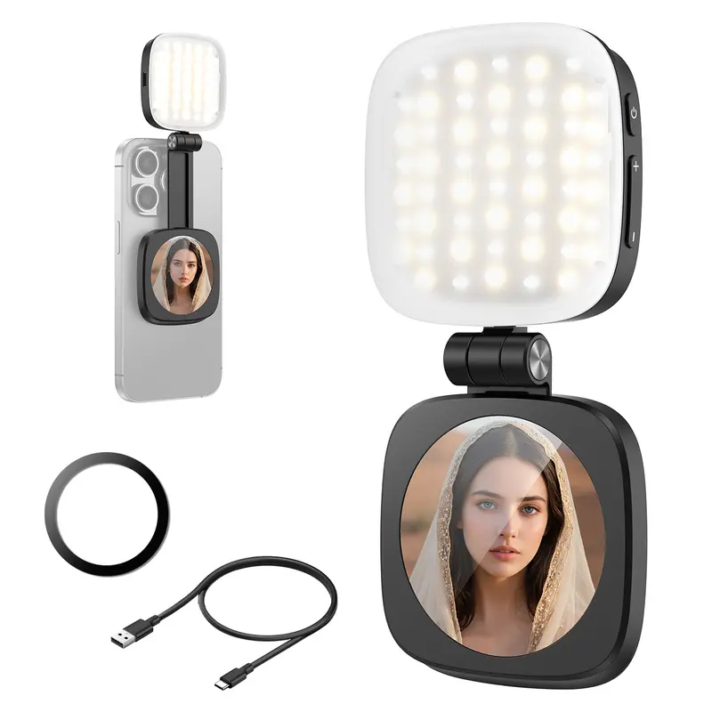 MagSafe-Compatible Magnetic LED Selfie Fill Light for iPhones & Smartphones - Compact Fold, Dual-Axis Head Adapts to Angles, 360° Rotatable, Mirror, Camera Support Stand, Adjustable Brightness Selfie Accessories, Vlogging Gear for Content Creators