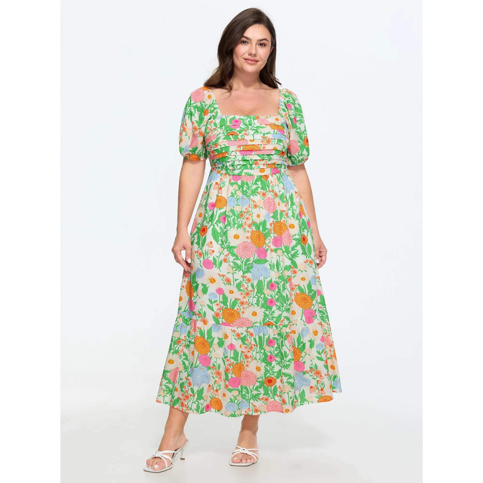 BloomChic Plus Size Romantic Floral Midi Dress in Smooth Rayon Fabric, Easy Fit Pleated Square Neck with Side Pocket, Shortsleeve, Multicolor, Casual Wear, Curvy Dresses Plus Size, Pull-On, Womens Dresses, Curvy Women Plus Size