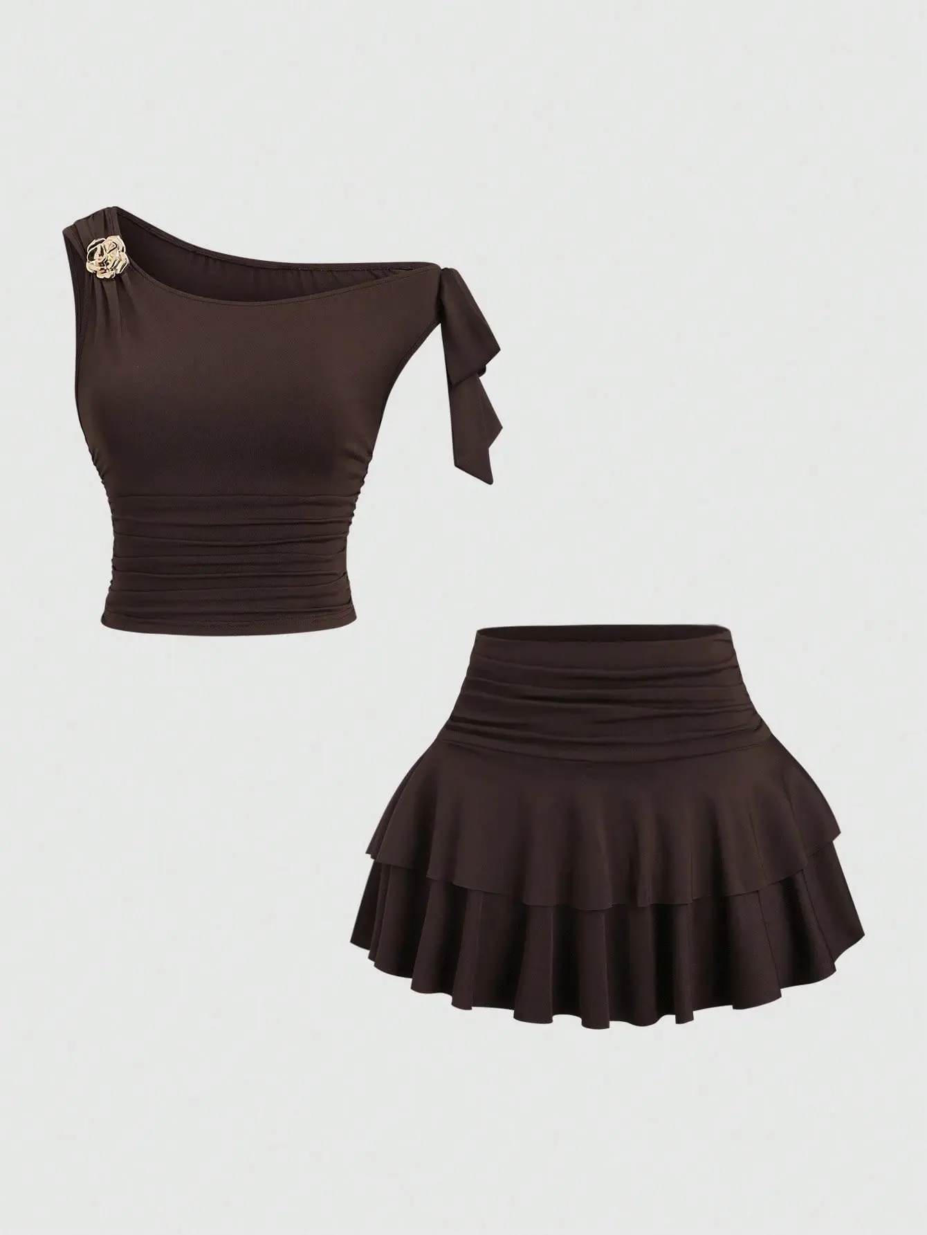 AESS Women's Summer Bronze Metallic Floral Camisole & Pleated Layered Mini Skirt Set Peplum Brown 2 Piece Outfit Going Out Party Vacation