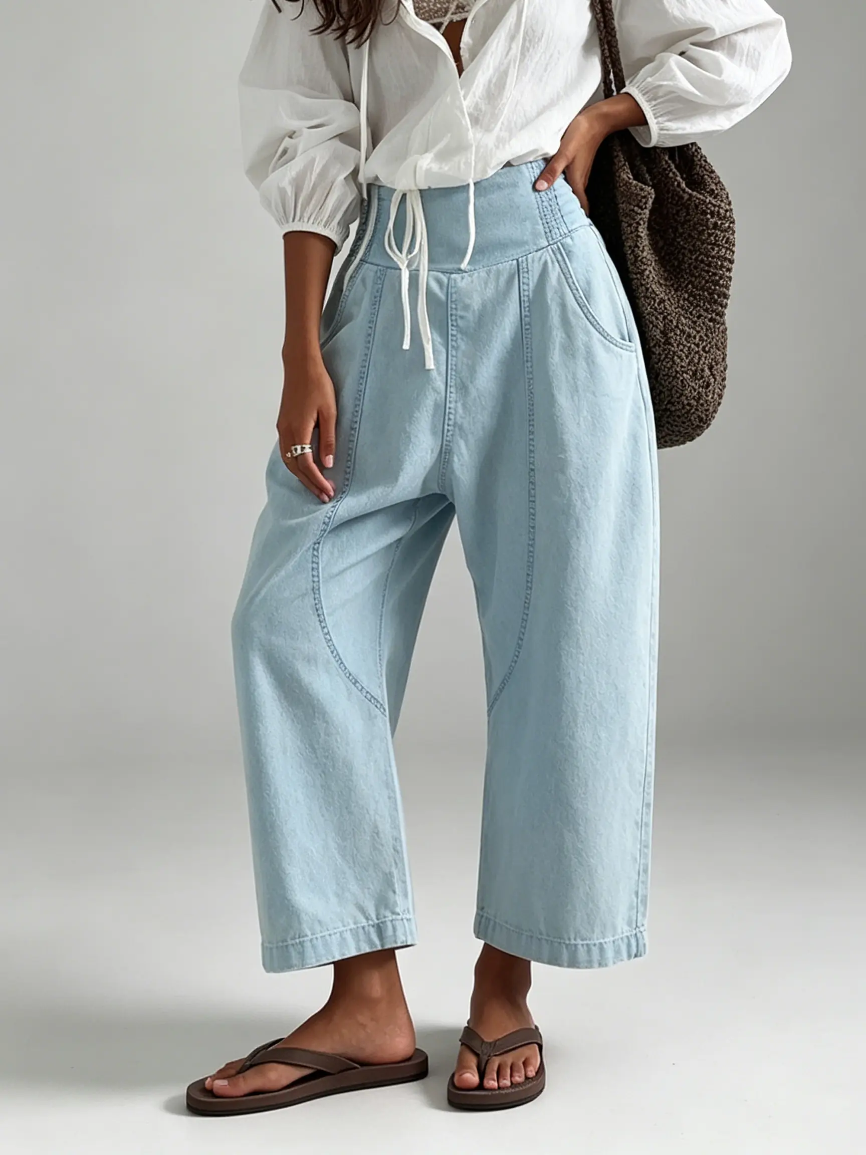 Womens Harem Denim Pants Drop Crotch Baggy Jeans Light Wash Wide Leg Cropped Trousers Slouchy Boho Chic Ankle Length Casual Everyday Effortless Streetwear Relaxed Fit Front Seam Detail 2026 Summer Apparel Comfortable Bottoms