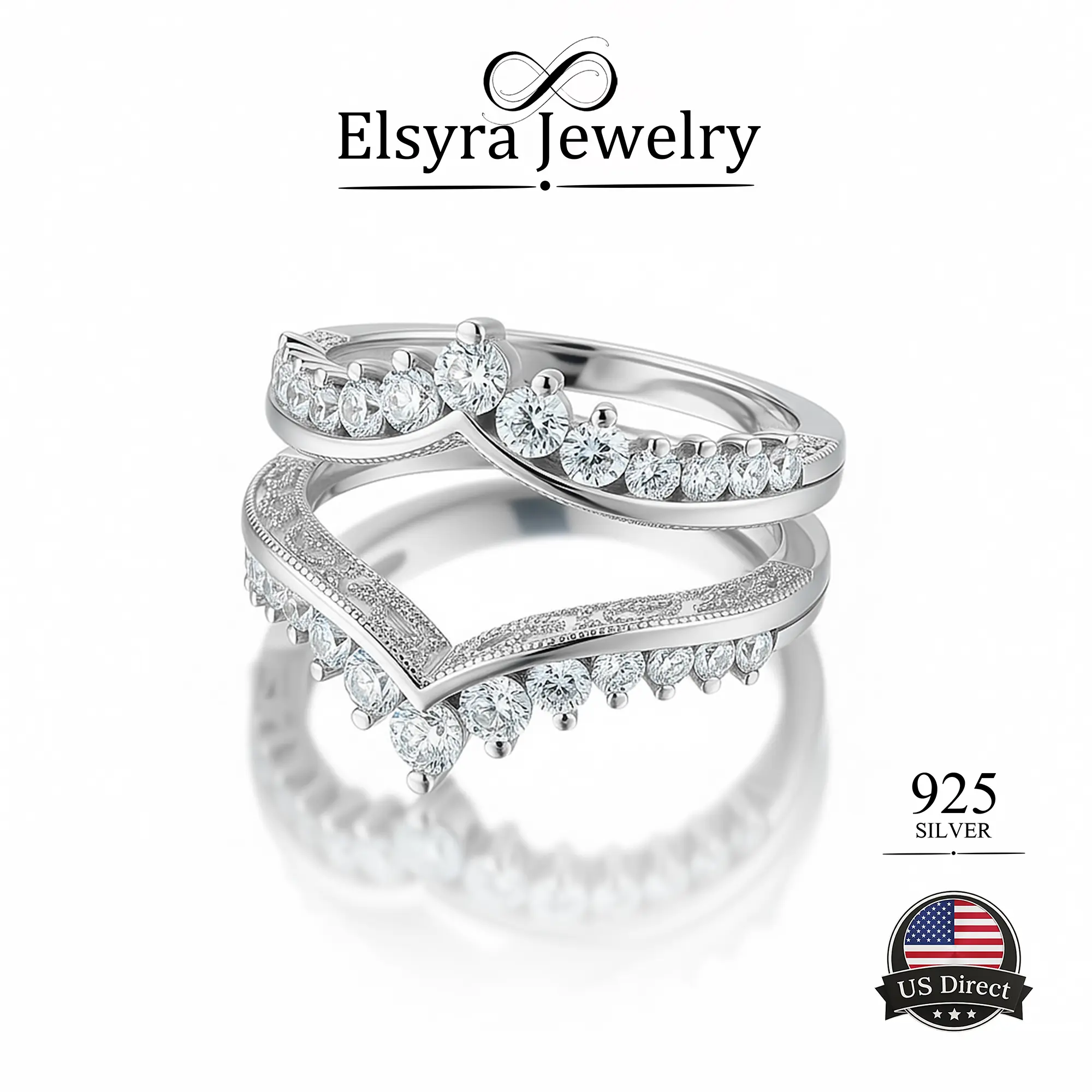 Female S925 Sterling Silver Vintage Filigree DIY Ring Guard - 5A Cubic Zirconia 0.98 ct. Curved Wedding Bands, Engagement Ring Accessories, Ideal for Birthday, Valentine's Day Jewelry