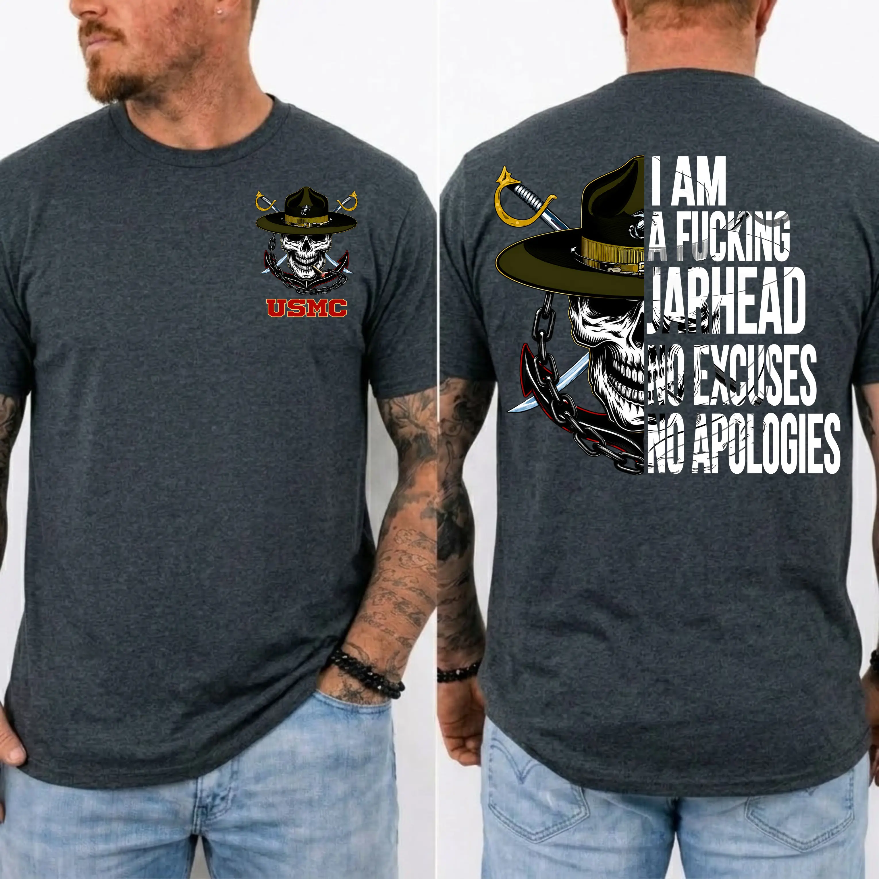 American Guardian USMC Jarhead Skull T-Shirt – No Excuses No Apologies Vintage Marine Graphic Tee