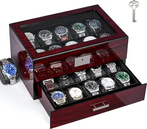 20 Slot Watch Box for Men and Women - 2-Tier Display Case With Large Glass Lid, Lockable Wooden Organizer, Luxurious Holder UJWB002Y