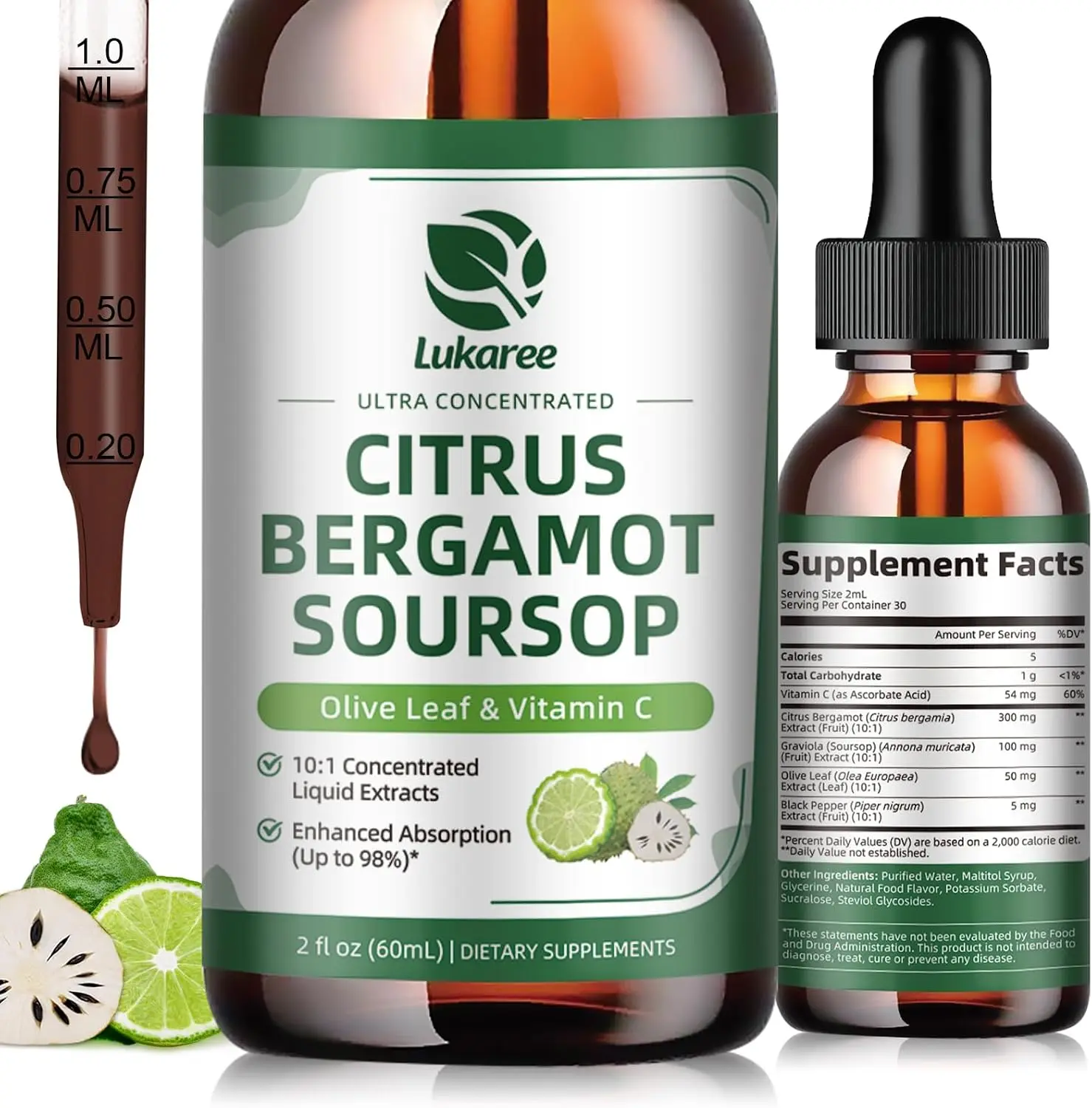 Citrus Bergamot + Soursop Liquid Drops for Cholesterol, Heart & Digestive* | Natural Herbal Supplement with Olive Leaf, Vitamin C, Black Pepper, Vegan, Sugar free, 2 Fl Oz, 30 Days Supply
