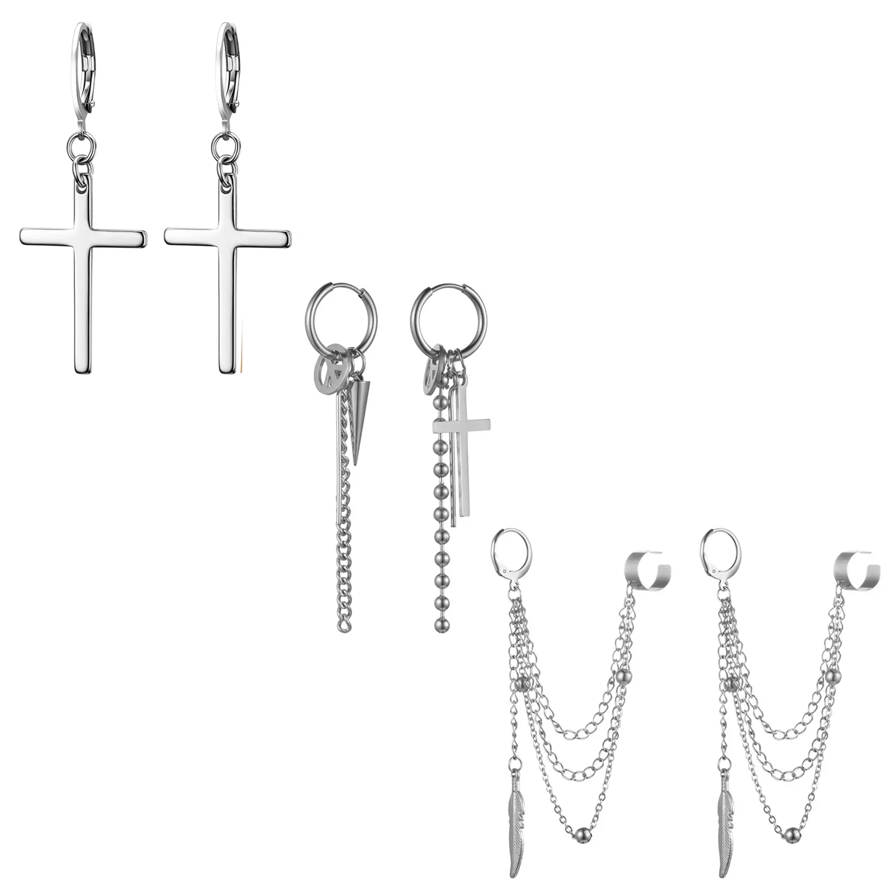 OIDEA Unisex Stainless Steel Long Tassel Asymmetric Drop Earrings, Cross Feather Cuff Chain Punk Jewelry for Men and Women, Cross Feather Earrings, Punk Earrings