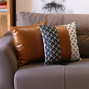 Boho Throw Pillow 17" x 17" Brown Mixed Design Set of 2 Vegan Faux Leather Geometric for Couch, Bedding