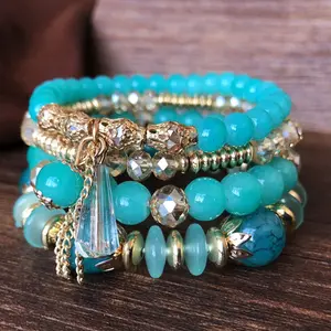 Imitation Crystal Bracelet Multi-layer Beaded Bohemian Style Exotic Personality Bracelet with Turquoise Beads and Crystal Accents