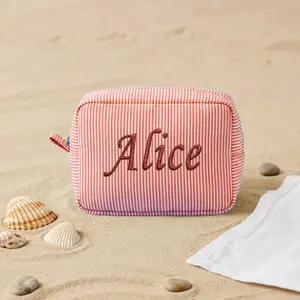 Embroidered Name Seersucker Makeup Bag – Personalized Bridesmaid Gift Monogrammed Toiletry Bag for Mom & Friends