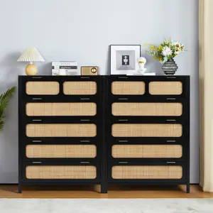 GiratreeFurniture 4 5 Drawer Chest Dresser, Rattan Tall Dresser 5 Chest of Drawers for Bedroom, Wood Storage Cane Cabinet with Metal Handles, for Living Room, Hallway, Nursery