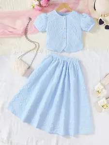 Ready Stock 7-14Y Tween Girls' Elegant Jacquard Asymmetric Button Cropped Coat & Elastic Skirt 2Pcs Clothes For Parties, Gifts 42502027