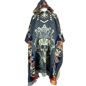 Skeleton King Skull Mens Poncho Hoodie | Brown  - Teal