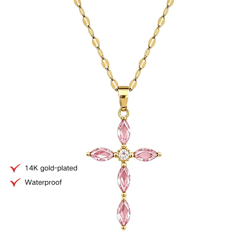 Women's Elegant Titanium Steel Long Crucifix Necklace - Gold Finish, Cubic Zirconia Pendant, Gemstone Accent, Unisex Chain Jewelry Necklaces, Ideal Gift for Birthdays, Any Event