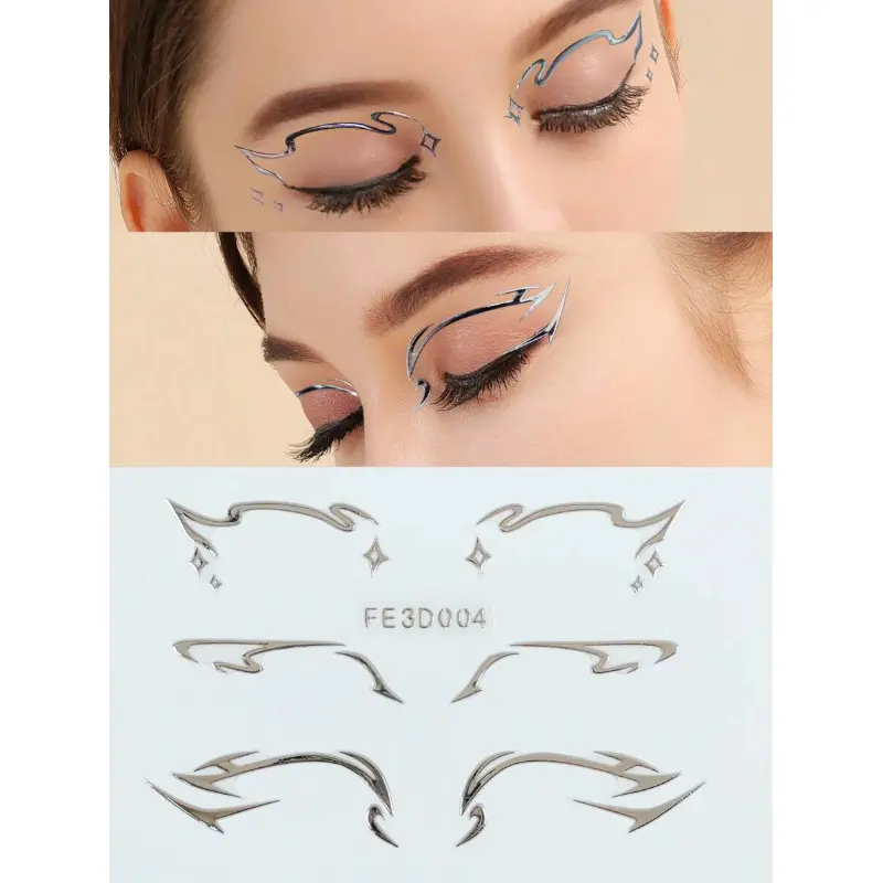 2 Pcs 3D Silver Foil Hot-Stamped Jelly Sticker for Eyes and Face Henna Designs Eyelash Tattoo Raves Metallic Shine
