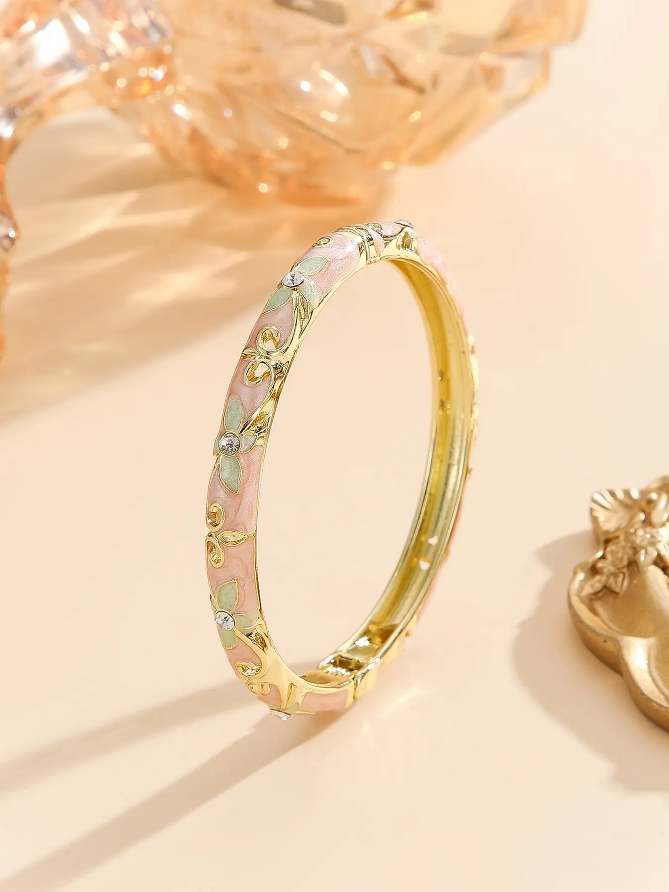 Vintage Cloisonne Enamel Flower Bangle Bracelet for Women, Gold Plated Rhinestone Crystal Floral Vine Hinged Cuff Bracelet, Palace Filigree Scroll Jewelry, Elegant Gift for Anniversary Birthday Party