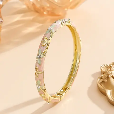 Vintage Cloisonne Enamel Flower Bangle Bracelet for Women, Gold Plated Rhinestone Crystal Floral Vine Hinged Cuff, Elegant Gift for Anniversary Birthday Party, Rhinestone Bracelets