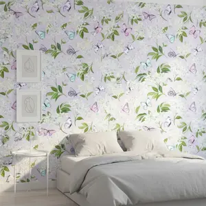 1 Roll Watercolor Floral Butterfly Self Adhesive Wallpaper, 44.5cm(17.5in) Wide Waterproof Oil-Proof Peel and Stick Wall Sticker, DIY Wall Decor for Bedroom, Bathroom, Furniture Makeover