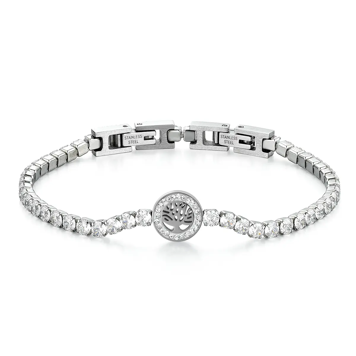 OIDEA Cubic Zirconia Hollow Life Tree Stainless Steel Bracelet for Women — Adjustable Sliding Clasp Chain, Silver