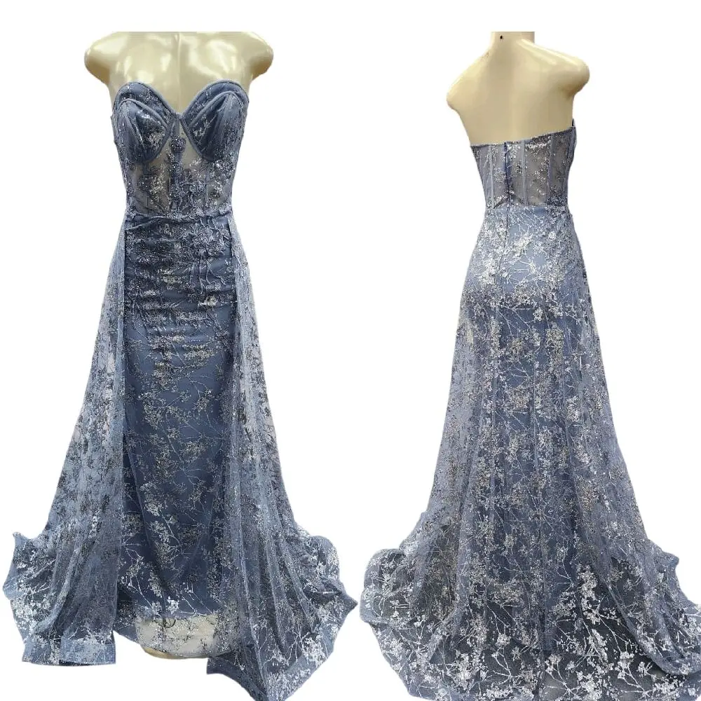 Evening Dress - Blue Glitter Strapless Design Evening Gown
