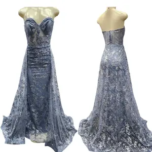 Evening Dress - Blue Glitter Strapless Design Evening Gown