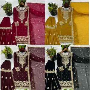 Beautiful Embroidery Georgette Kurtha Set in Maroon Mustard and Black with Intricate Thread Work and Matching Dupatta