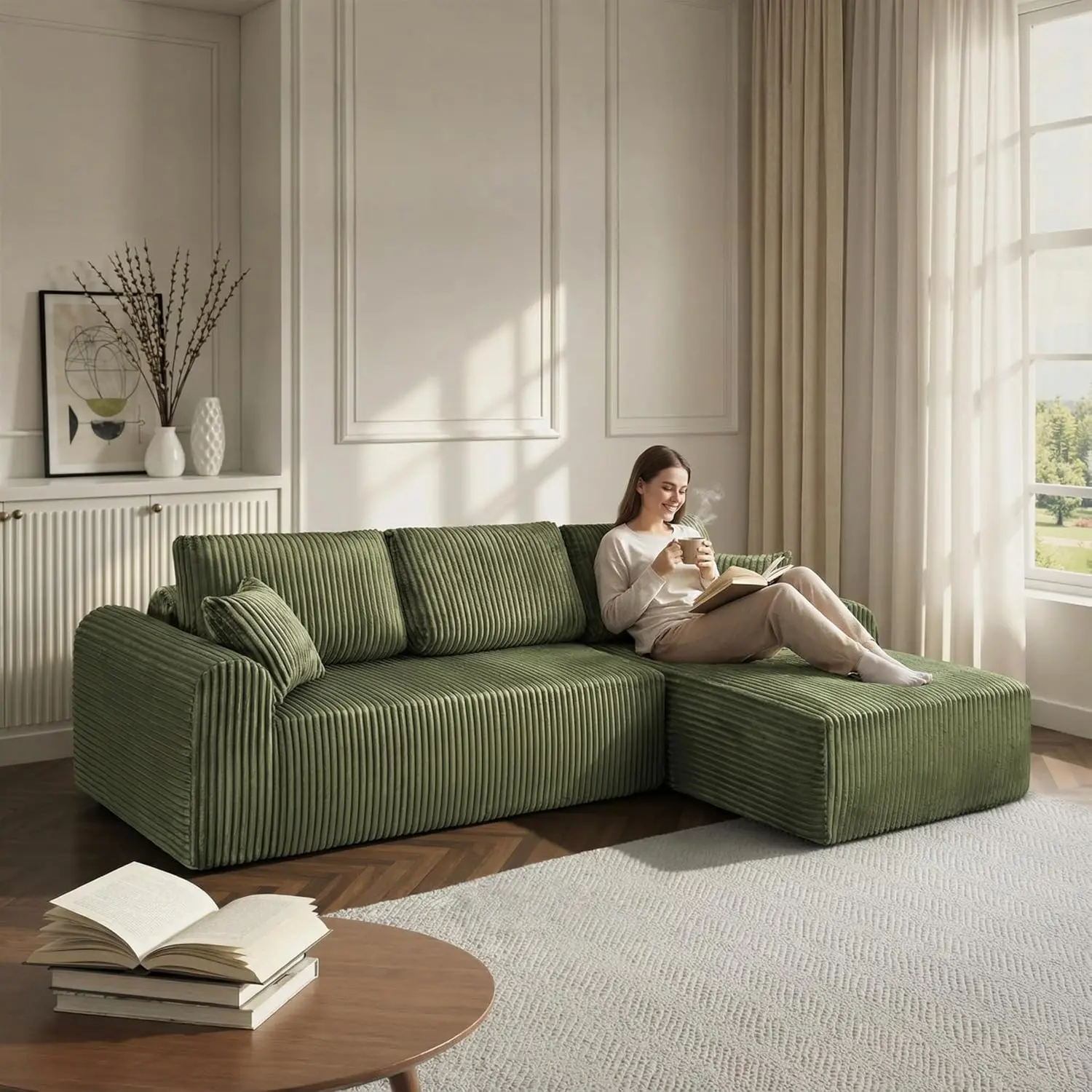 109in L-Shaped Boneless Corduroy Upholstered Modular Cloud Sectional Sofa with Chaise, No Assembly Required, Deep Seat Modern Minimalist Couch for Living Room (Green), Upholstered Sectional Sofa