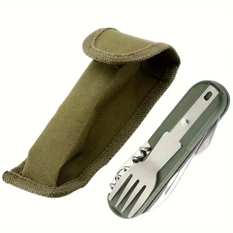 7-in-1 Foldable Stainless Steel Portable Outdoor Tableware Combo Set with Fork, Spoon, Knife & Pouch for Camping, Hiking, Campfire & BBQ Party