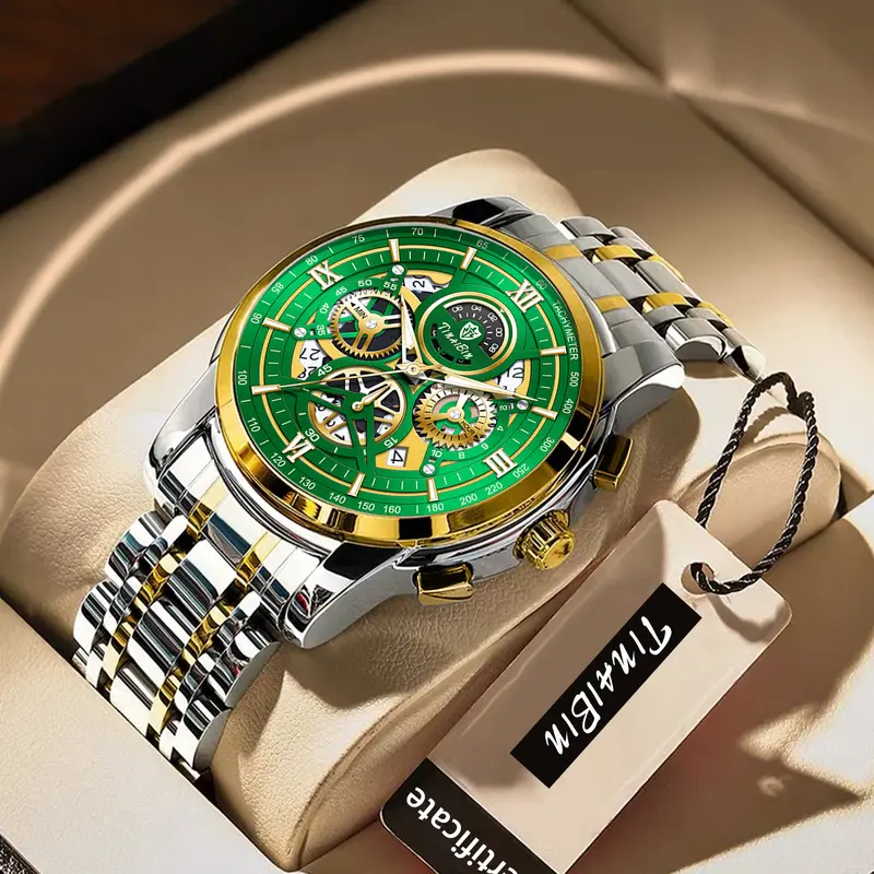 TINAIBIN new multifunctional luxury men's watch, equipped with original Swiss movement, featuring dual calendar, mechanical style, sapphire crystal, stainless steel strap, and luminous waterproof design.