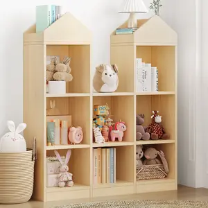 Castle Wooden Kids Bookcase and Toy Storage Organizer, Multi-Cubby Children's Bookshelf for Playroom & Bedroom, Heavy-Duty Montessori Display Shelf, Natural Wood Color