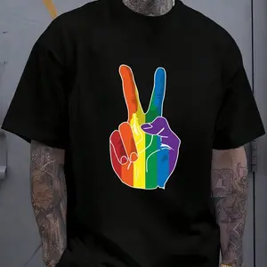 Rainbow Peace Sign Hand Print T-Shirt, LGBTQ+ Pride Casual Top Tshirt Menswear
