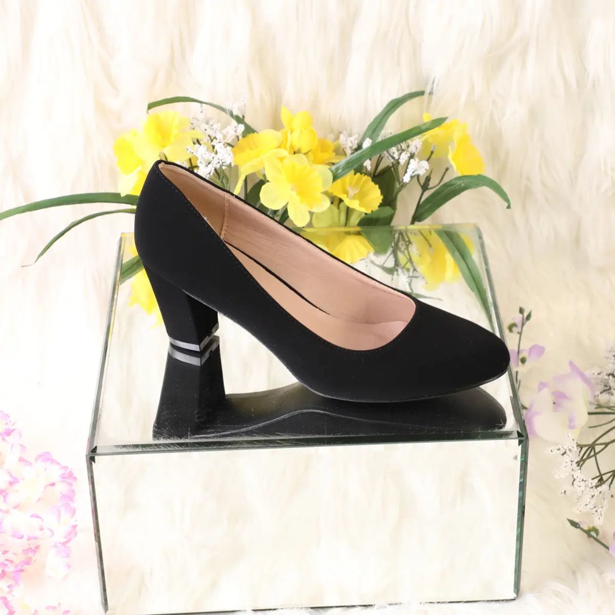 Woman heel closed toe block heel point toe slip in comfortable fit