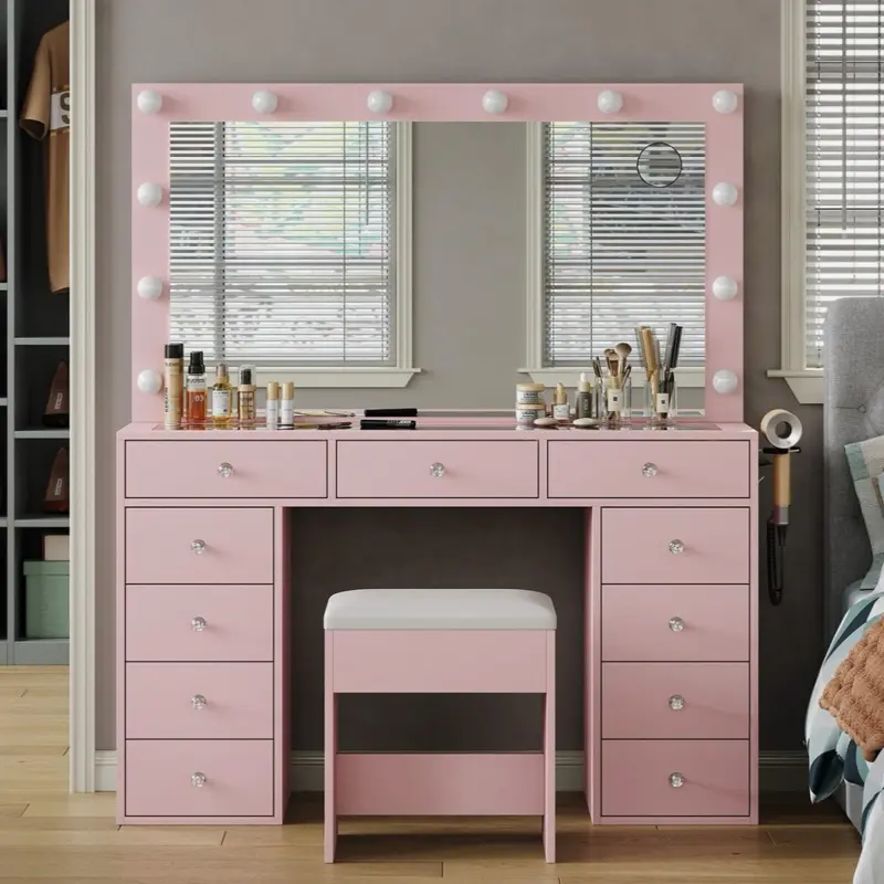 Vanity Desk with Mirror, 11 Drawers, LED Lights, Chair, Pink Makeup Set