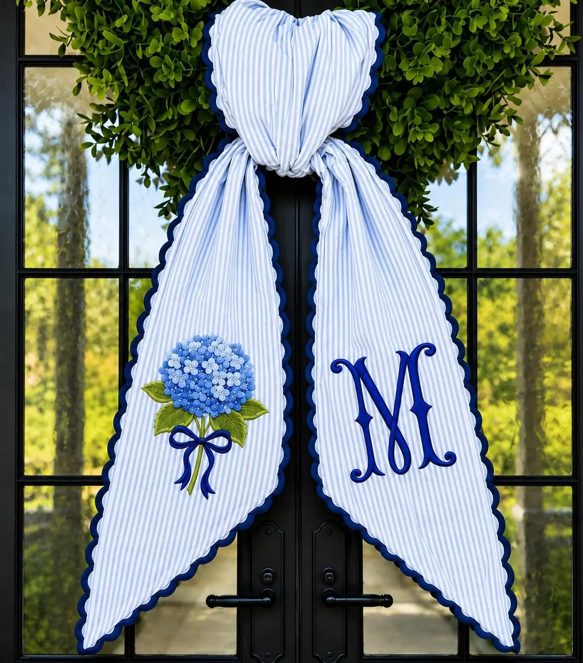 Hydrangea Wreath Sash, Embroidered Door Decor, Ticking Stripe Front Porch Wreath Bow, Personalized Monogram, Summer Front Door Decor Lisa