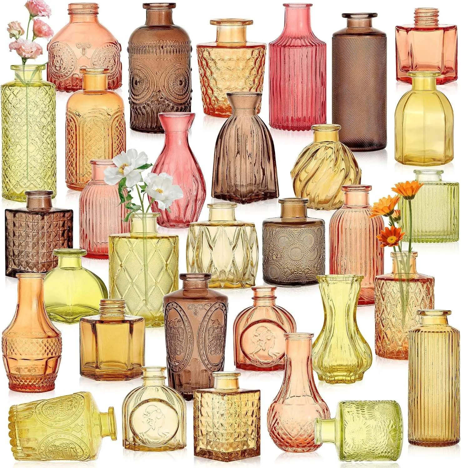 Colored Glass Vases Bulk 32 Pcs - Assorted Vintage Bud Vases for Wedding Centerpieces, Rustic Embossed Glass Bottles for Table Decor, Home Floral Arrangements with Gold Series (2-6 Inch)