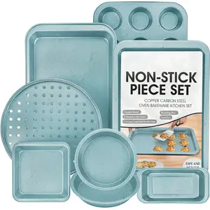 Non-Stick 8 Piece Bakeware Pan Set with Cookie Sheet Round Cake Square Bread Baking Pizza Cookie Sheet 12 Cup Muffin Pan for Oven Kitchen Sets Baking Supplies Blue Speckle Bundle
