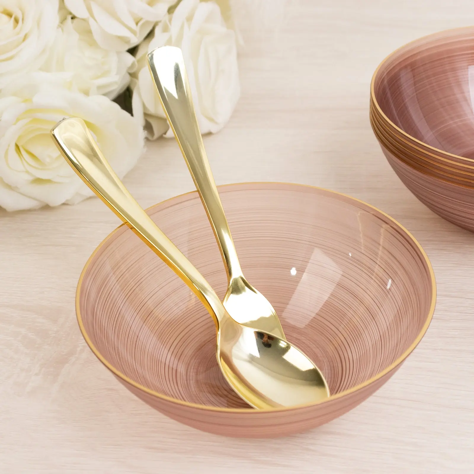 Disposable Plastic Bowls, 20-Pack 16oz Transparent Blush Pink with Gold Rim, Crystal-Like Swirl Elegant Disposable Tableware for Wedding, Disposable Plastic Spoon