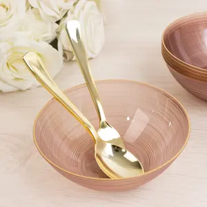20-Pack 16oz Plastic Bowls – Transparent Dusty Rose with Gold Rim, Elegant Crystal-Like Swirl Disposable Bowls